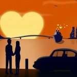 парень с девушкой смотрят на закат в форме сердца